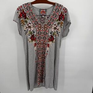 JOHNNY WAS Women's M Beatriz Knit‎ Tunic Dress Grey Embroidered Floral V Neck